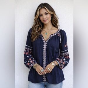 Sophie Max Navy and Pink Embroidered Blouse